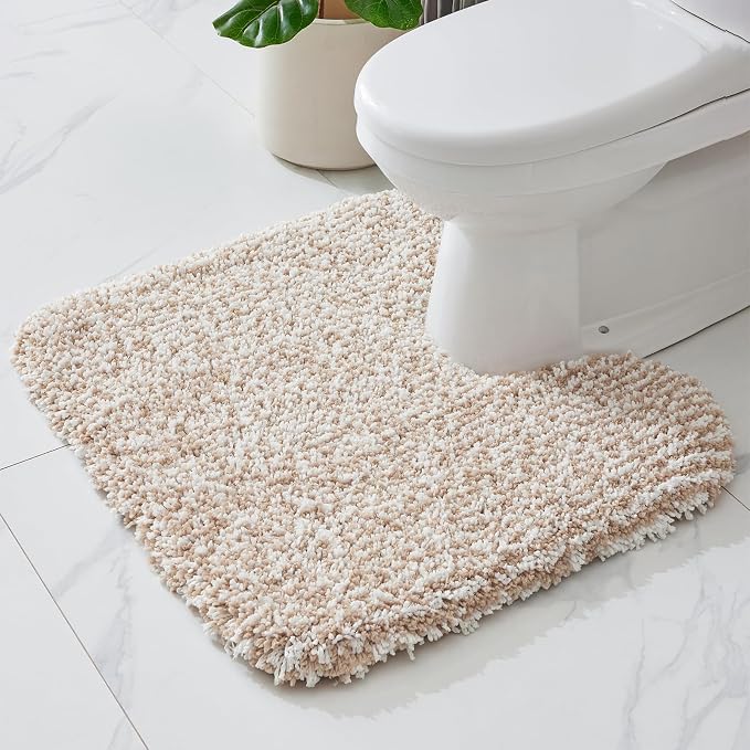 ILANGO Beige and White U Shaped 22" × 24" Non Slip & Super Absorbent Extra Thick Soft, Washable Bath Mats for Bathroom Floor, Microfiber Plush Shaggy Contour Bath Rugs for Toilet,Dry Quick