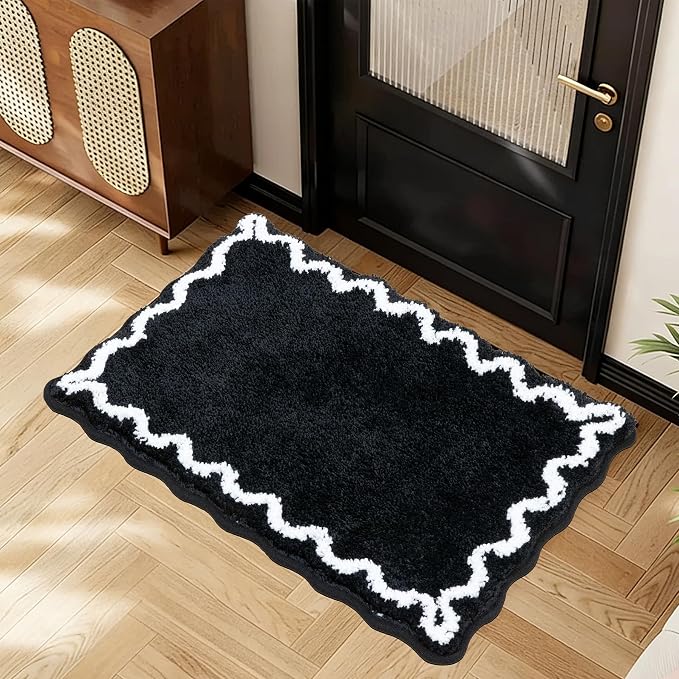 ORTIGIA Black Bath Mat with White Scallop Non Slip, Quick Dry Bath Rug Absorbent Soft Plush Microfiber Bathmat for Bathroom Floor Carpet for Sink Bedroom, 17x24