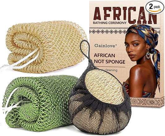 2 Pack African Net Sponge Exfoliating Body Scrubber Bath Sponge for Daily Use (Champange+Olive Green)