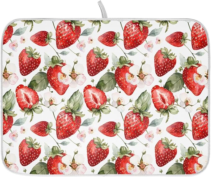 Cute Watercolor Strawberries Dish Drying Mats for Kitchen Counter Large Drying Mat for Dishes Microfiber Dish Rack Mat Drainer Pad Washable Foldable Ultra Absorbent Dry Mat 24"x18"