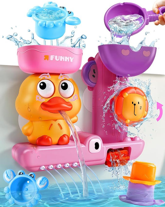 Toddler Bath Toys for Kids Ages 1-3 Waterfall Bathtub Toys for Toddlers 2-4 | with 3 Stacking Cups No Mold Baby Bath Toys Interactive Duck Shower Toys for 1+ Year Girl Gifts with Strong Suction Cups Pink