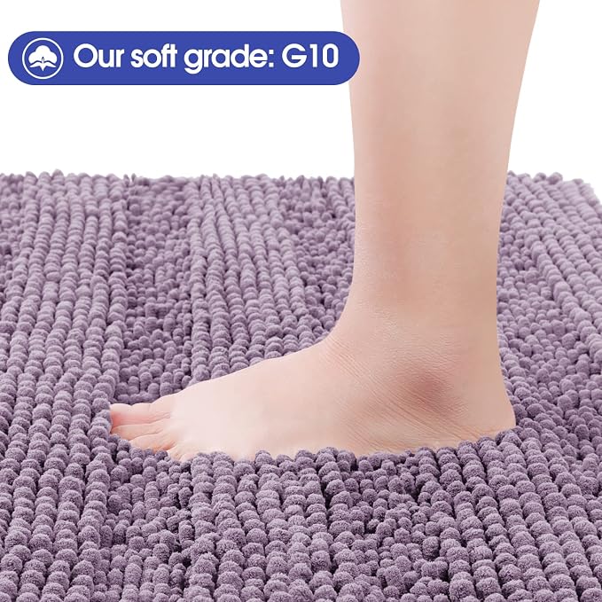 ACCUMTEK Striped Lavender Bathroom Rug Set 3 Pieces Ultra Soft, Non Slip Chenille Toilet Mat, Absorbent Plush Shaggy Bath Mats for Bathroom, Bedroom, Kitchen, Mauve