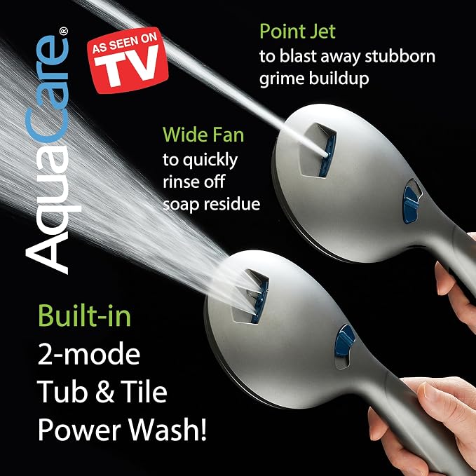 AquaCare Seen-On-TV High Pressure 8-mode Handheld Shower Head - 2-mode Power Wash to Clean Tub, Tile & Pets, Stay-Clean Nozzles, Extra Long 6 ft. Stainless Steel Hose, Wall & Overhead Brackets, Modern