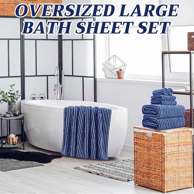 6 Pcs Oversized Bath Towels for Adults 35x70 Inches Blue & White Striped Extra Large Bath Towel Sets Bathroom Sheets Jumbo Shower Towels Quick Dry Absorbent Soft Microfiber for Women Men