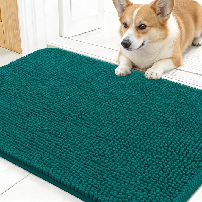 OLANLY Dog Door Mat for Muddy Paws 30x17, Absorbs Moisture and Dirt, Absorbent Non-Slip Washable Doormat, Quick Dry Chenille Mud Mat for Dogs, Entry Indoor Entryway Carpet for Inside Floor, Lake Blue