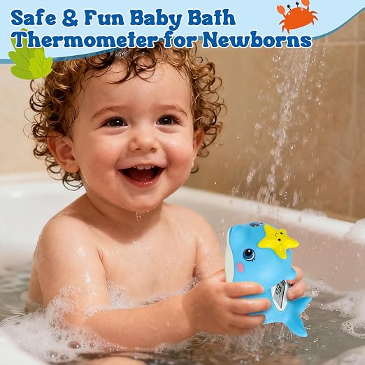 Baby Bath Thermometer, Dolphin Floating Water Thermometer with Safety Alert | Floating dolphin design | IPX7 waterproof | Hot & cold safety alert | Fast digital reading | Ideal for newborn bath time