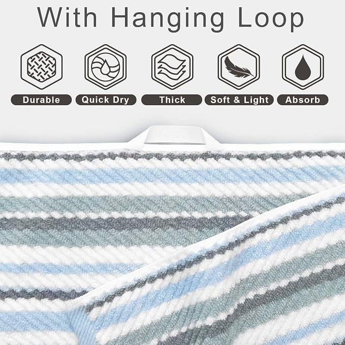 100% Cotton Blue Striped Luxury 6 Piece Towel Set , Quick Dry & Highly Absorbent Towels Set for Bathroom ( 2 Bath with Hanging Loop 28"x52", 2 Hand 16"x27", 2 Washcloth 13"x13" ), Blue & Gray