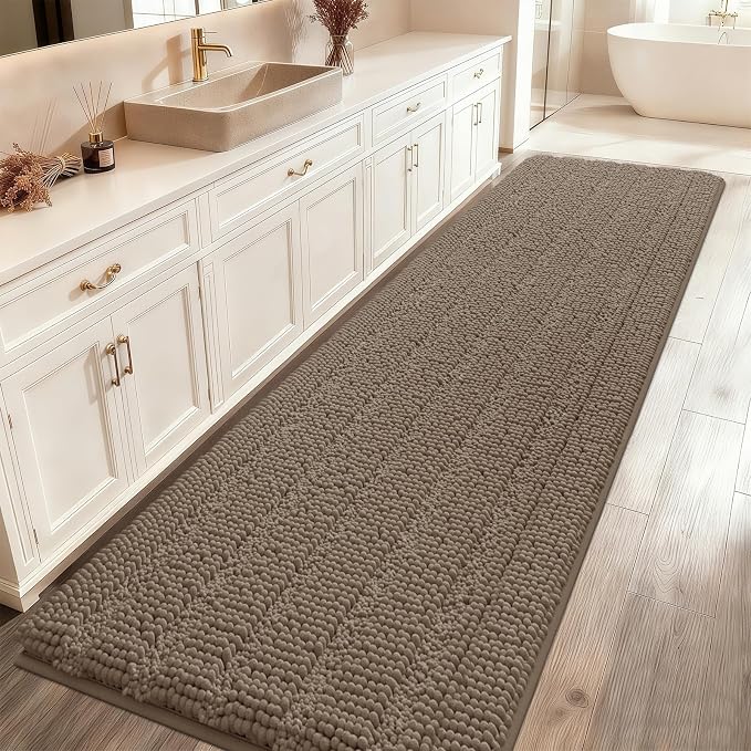 ACCUMTEK Extra Long Striped Dark Beige Bathroom Rug Mat 70"x24" Ultra Soft, Non Slip Chenille Bath Rugs, Absorbent Plush Shaggy Bath Mats for Bathroom, Bedroom, Kitchen, Shower, Tub,Taupe