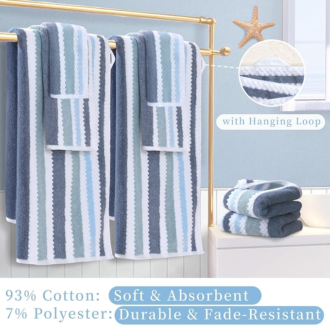 Waffle Towels for Bathroom - Quick Dry | Thick | Lightweight | 500GSM, 2Bath 28"x52", 2Hand 16"x27", 4Wash 13"x13", Cotton Polyester Blend Towels with Hanging Loops, Blue Gray Stripe and White