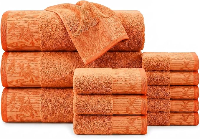 Superior Floral Jaquard Cotton Bathroom Towels, 12pc Set, Mandarin Orange | Soft Absorbent Quick Dry Terry Weave, Hotel Quality, Wisteria Towels Includes 3 Bath Towels, 3 Hand Towels, 6 Washcloths