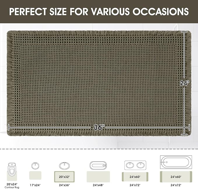 Upgraded Waffle Bath Mat, 36"x24" Greyish Green-Bordered, Super Absorbent Non-Slip Quick Dry Bathroom Rugs with Tassels, Machine Washable Ultra Soft Boho Bath Rugs, Toilet Mats Boho Farmhouse Decor