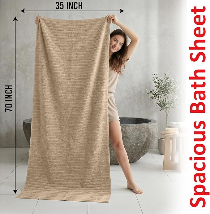 RIVERSIDE Pack of 2 Extra Large Bath Sheet Towels, 35 x 70 Inches, 600 GSM, Ribbed Stripe, 100% Cotton - Super Soft, Highly Absorbent & Quick Dry for Bathroom, Spa & Hotel, Tan