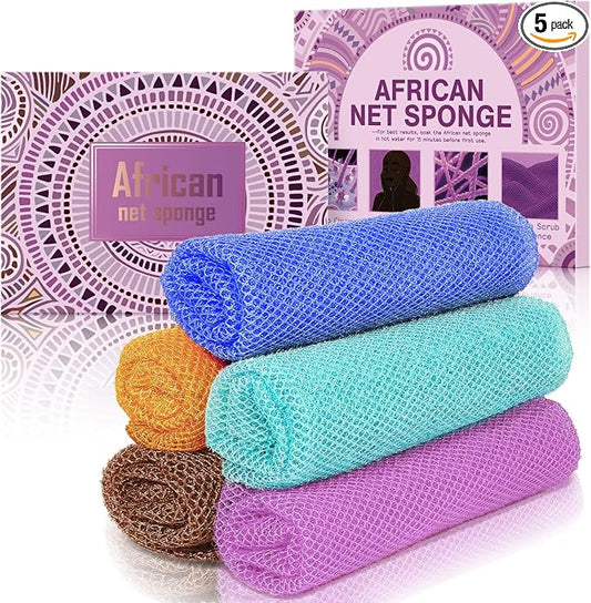 5 Pieces African Net Sponge – Deep Cleansing & Exfoliating Mesh for Glowing Skin – Stretchable, Quick-Dry Material for Daily Shower Use (Purple, Orange, Blue, Green, Brown)