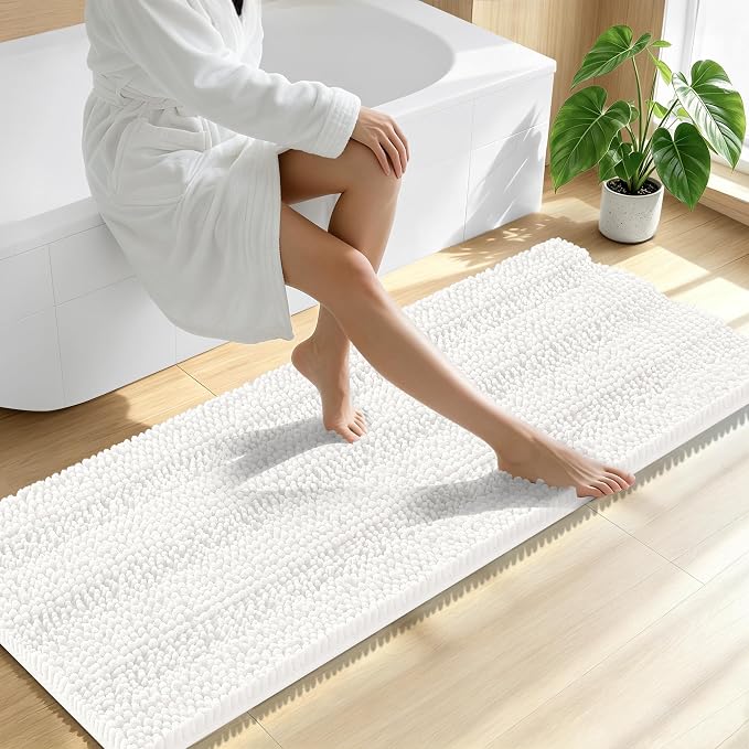 Smiry Thick Chenille Bathroom Runner Rugs 59x20, Absorbent Striped Bath Mat, Machine Washable, Rubber Backing, Extra Long Bath Rugs for Tub & Shower, Modern Home Decor Accessories, Ivory