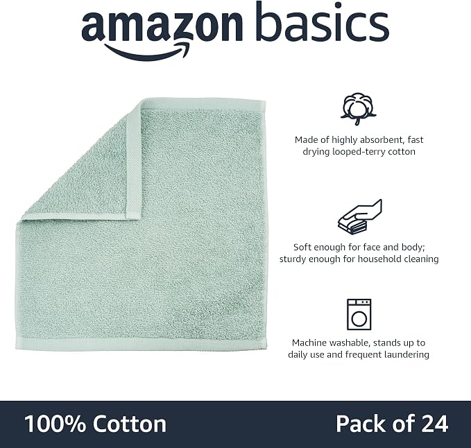 Amazon Basics Highly Absorbent, Soft & Durable 100% Cotton Washcloths for Bathroom, Body and Face, Lightweight, Fast Drying, 12 x 12 inches, Seafoam Green, Ice Blue, White, (Pack of 144)