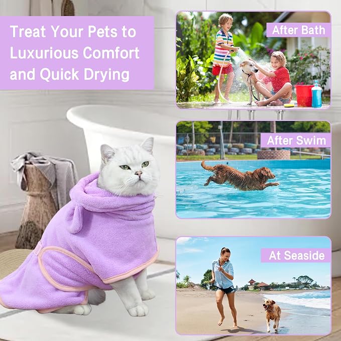 Pet Bathrobe for Dog Cat Absorbently Quick Drying Coat Cute Dogs Bath Towel Hooded Robe Adjustable Collar & Belly Strap for Pool Beach (Purple, Large)