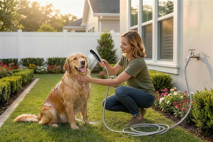 G-Promise 3 Mode Dog Shower Attachment with Pause Mode, Dog shower Sprayer with 159 Inches Stainless Steel Hose, Metal Diverter, Adhesive Holder, for Fast and Easy Dog Bathing and Cleaning