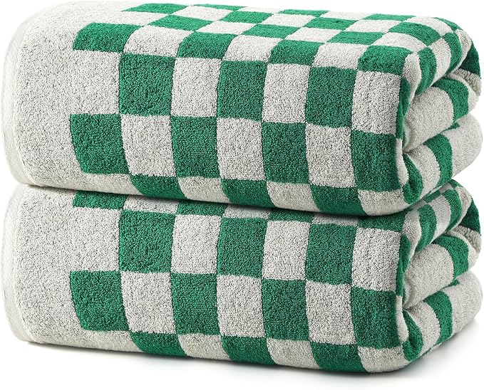 REDKISS 2 Piece Green Checkered Bath Towels Set -Highly Absorbent 600GSM Cotton Towels for Bathroom Decoration, Retro Green Checker Design