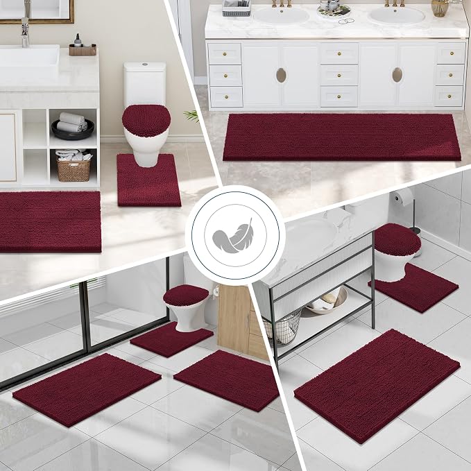 Smiry Luxury Chenille Bathroom Rugs 71x47, Extra Soft and Absorbent Shaggy Bath Mat, Machine Washable, Non-Slip Plush Carpet Runner for Tub, Shower, and Floor, Home Decor Accessories, Burgundy