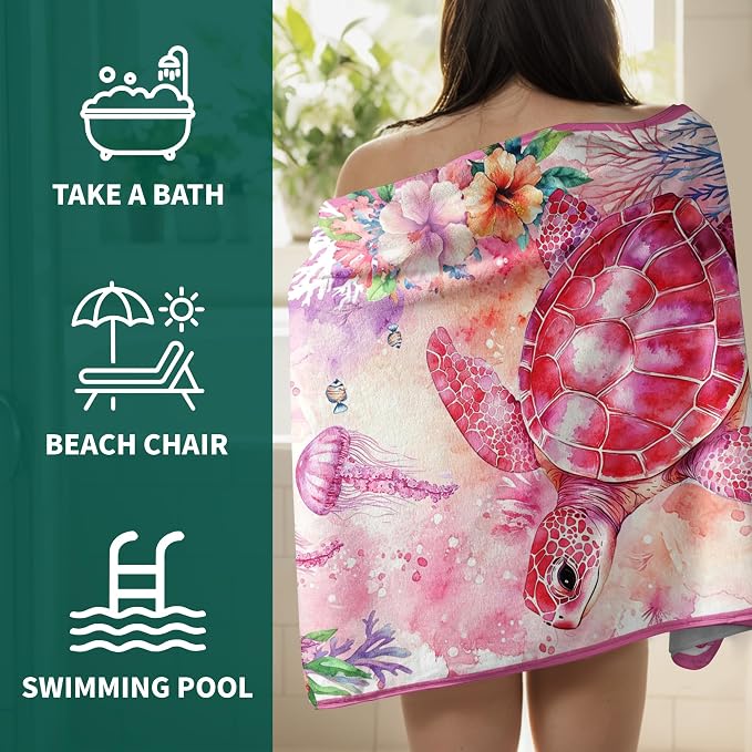 Sea Turtle Pink Bath Towels Soft Microfiber Shower Towel for Women Bathroom