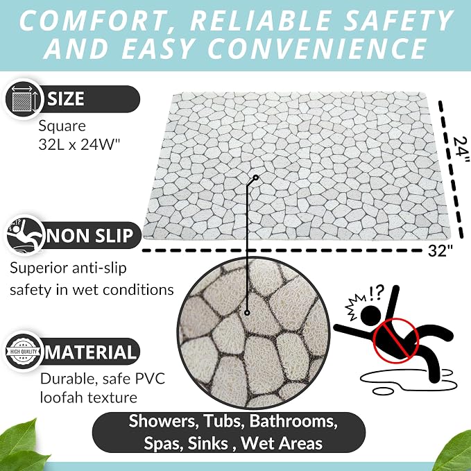 Enkosi Loofah Non-Slip Shower Mat - Shower Floors, Bathtub, Bathrooms, Wet Areas - Cushioned Bath Mat with Drain Holes - Quick Dry PVC, Secure Safety Pad Without Suction Cups (32x24 Pebble)