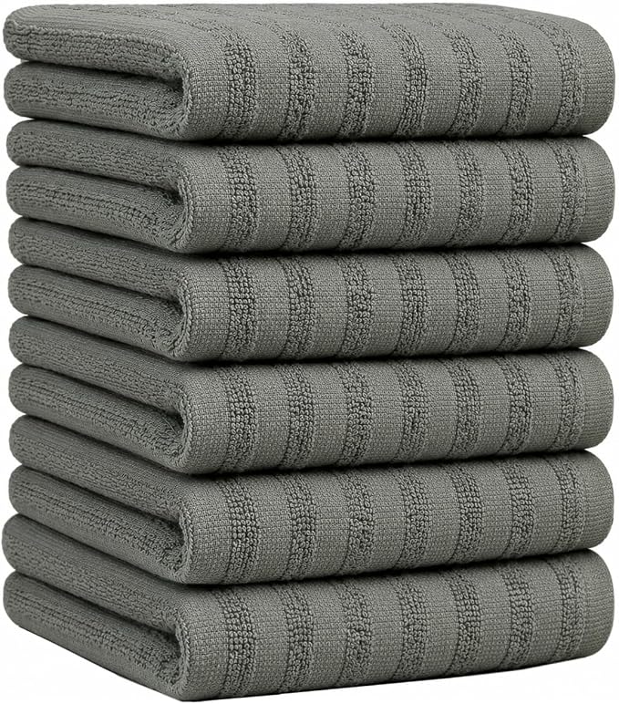 Premium Kitchen Towels (20”x 28”, 6 Pack) | Large Cotton Dish Towels 450 GSM | Highly Absorbent Terry Kitchen Linen Set with Hanging Loop | Anthracite Solid