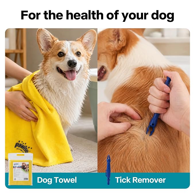 PAWISE Dog Grooming Kit 7-in-1, Dog Bath Brush Set with Pet Washer, Paw Washer, Soft Brush, Finger Brush, Tick Remover & Microfiber Towel - Pet Grooming Supplies for Dogs and Cats