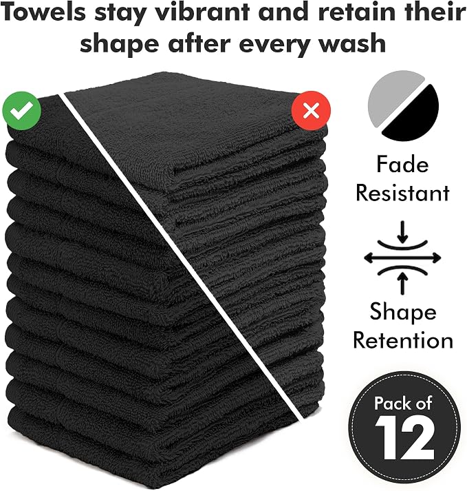 Face Towels Pack of 12 – 100% Cotton Wash Cloths (12x12 inch) – 550 GSM Soft, Quick Dry & Highly Absorbent Ring Spun Cotton Towels for Bathroom, Spa, Gym, Kitchen and for Daily Use - (Black)