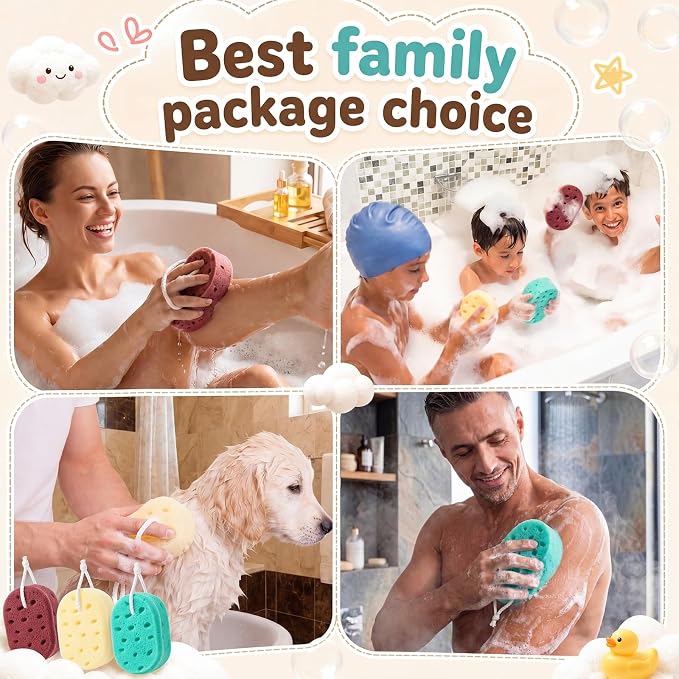 FoldTier 6 Pcs Exfoliating Bath Sponge Body Loofah Sponges for Shower Women Reusable Soft Bathing Pouf Foam Lufa Body Scrubber and Rich Lather, Color Matching (Coffee Brown,Cyan,Beige)