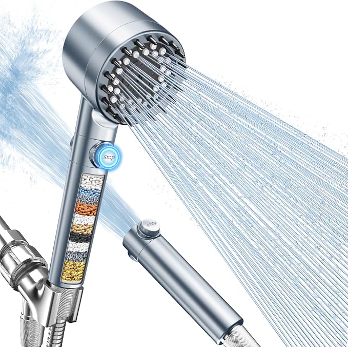 FEELSO Filtered Shower Head with Handheld, High Pressure 4 Spray Showerhead with Filters & Upgraded Anti-clog Nozzles for Hard Water -Remove Chlorine, Reduce Dry Itchy Skin -ON/OFF Switch, Blue