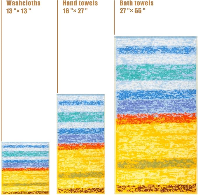 SEMAXE 18-Piece Cotton Bath Towel Set for Bathroom, Colorful Striped | Stock-up towel set for family bathrooms, guest baths, multi-bath homes, and wash-day rotation, OEKO-TEX certified, easy care