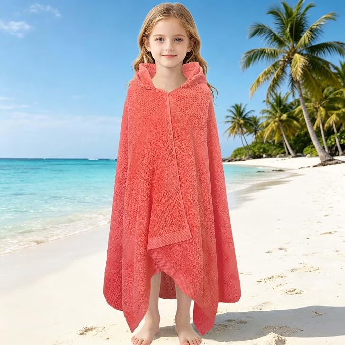 VOOVA & MOVAS Hooded Bath Towels for Kids | Soft Absorbent 100% Cotton Thick Towel Wrap | Versatile Beach, Pool, Swim & Bath Cover-Up | Deep Pink Solid Waffle