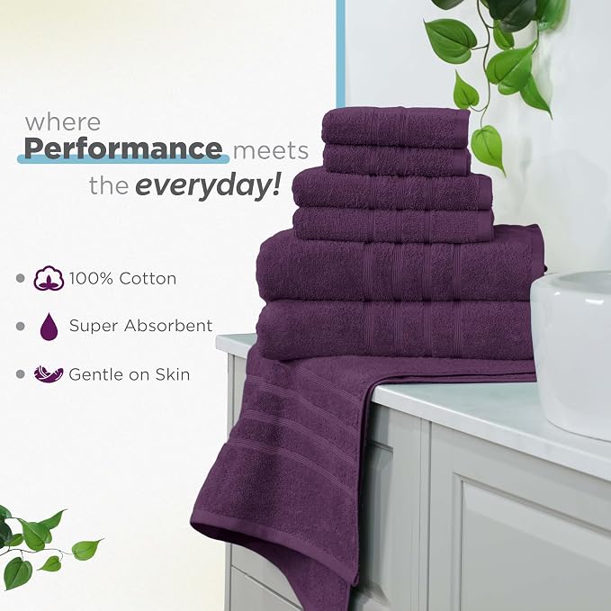 Martex Ultimate Performance 6-Piece Towel Set, Dark Purple | 100% Cotton, Supersoft & Absorbent, Low-Linting, Easy Care, Versatile, 2 Bath Towels, 2 Hand Towels, 2 Wash Cloths