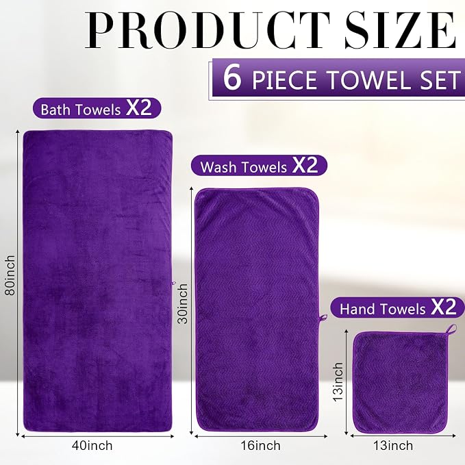 Set of 6 Oversized Bath Towel 40 x 80 Inches Jumbo Bath Sheet Absorbent Microfibers Quick Dry Towel Set with 2 Extra Large Shower Towels 2 Hand Towels 2 Washcloths for Bathroom Spa Gym(Purple)