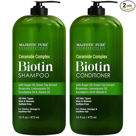 MAJESTIC PURE Biotin Shampoo and Conditioner Set - With Essential Oils & Ceramides - Helps Hair Growth, Thickening, Dry & Colored Hair - Sulfate Free - For All Hair Types - Men & Women - 16 fl oz each