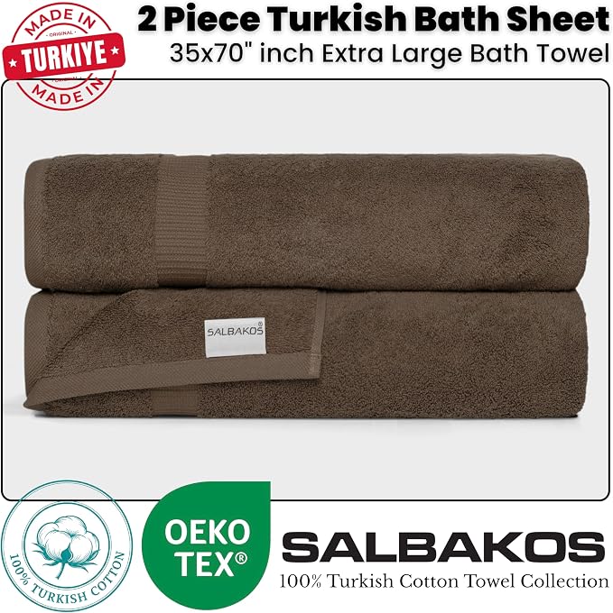SALBAKOS 2-Piece 100% Turkish Cotton Extra Large Bath Towel 35x70 inch | Premium Hotel Quality Bath Sheet Towels | Thick, Soft, Absorbent, Oversized Bath & Beach Towels (Chocolate, 2 Bath Sheets)