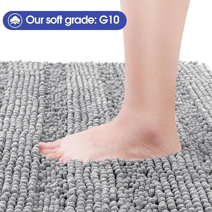 ACCUMTEK Striped Light Grey Bathroom Rug Mat 32"x20" Ultra Soft, Non Slip Chenille Bath Rugs, Absorbent Plush Shaggy Bath Mats for Bathroom, Bedroom, Kitchen, Shower, Tub,Light Gray