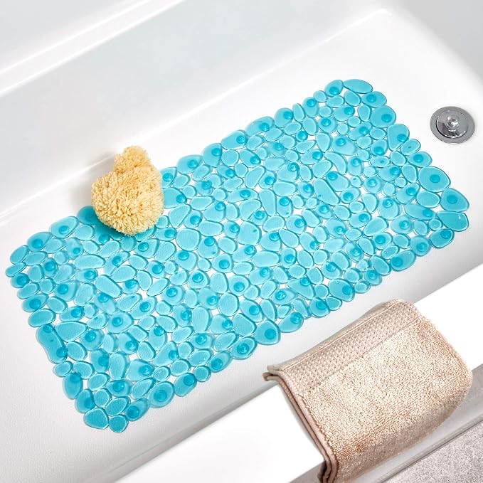 iDesign Pebblz Suction Non-Slip Bath Mat, Blue, Set of 1 | For Shower Bathtub and Stall