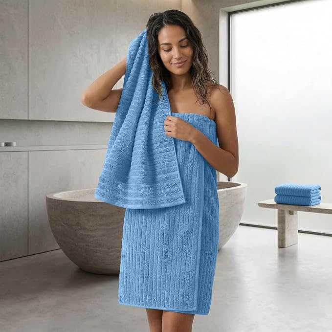 RIVERSIDE Pack of 2 Extra Large Bath Sheet Towels, 35 x 70 Inches, 600 GSM, Ribbed Stripe, 100% Cotton - Super Soft, Highly Absorbent & Quick Dry for Bathroom, Spa & Hotel, Electric Blue