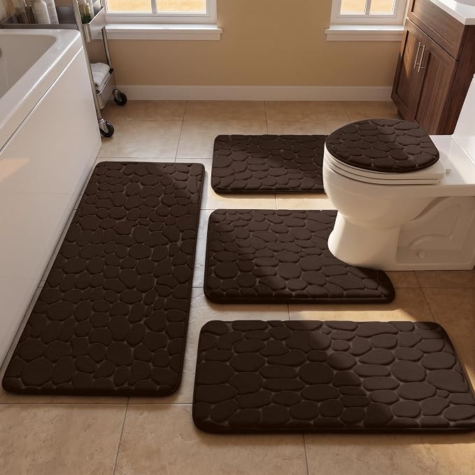 YIHOUSE Bathroom Rugs Mat Set, Memory Foam Bath Mat 5 Piece Brown | Non Slip, Water Absorbent, Washable, Bath Mat For Bathroom, Sink and Toilet