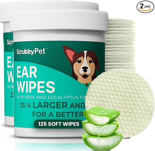 Scrubby Pet Dog Ear Wipes for Dogs | Extra Thick with Aloe Vera & Eucalyptus | 250 Count | Hypoallergenic Ear Cleaner for Dogs with Pearl Texture for Deeper Clean