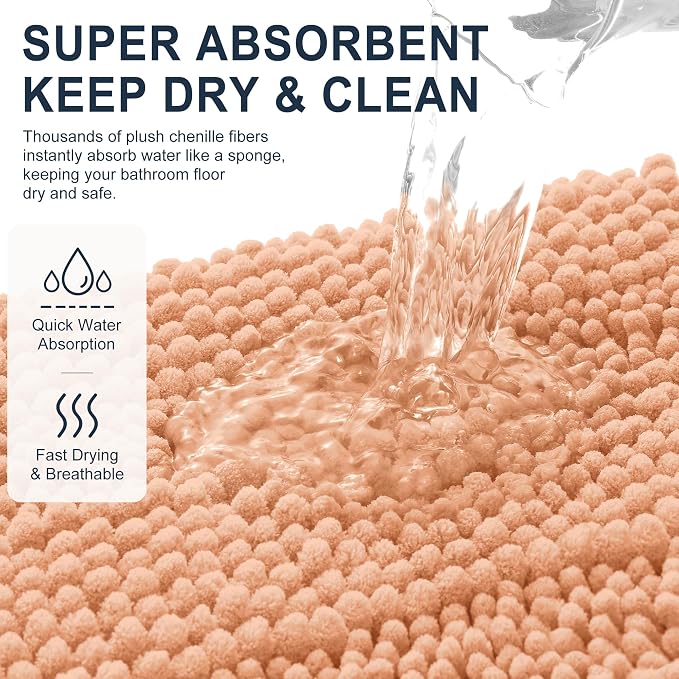 Smiry Thick Chenille Bathroom Runner Rugs 44x24, Extra Absorbent Striped Bath Mat, Machine Washable, Rubber Backing, Long Bath Rugs for Bathroom, Tub & Shower, Home Decor Accessories, Peach