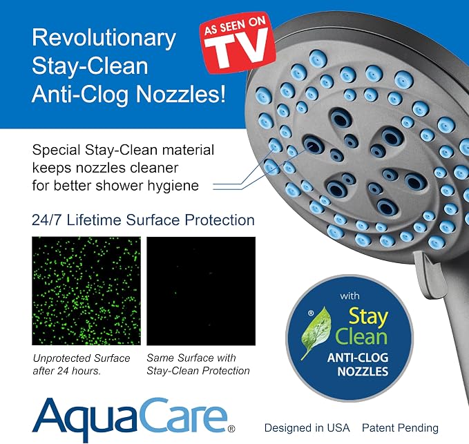 AquaCare Seen-On-TV High Pressure 8-mode Handheld Shower Head - 2-mode Power Wash to Clean Tub, Tile & Pets, Stay-Clean Nozzles, Extra Long 6 ft. Stainless Steel Hose, Wall & Overhead Brackets, Modern