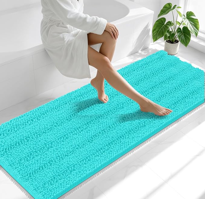Smiry Thick Chenille Bathroom Runner Rugs 70x24, Absorbent Striped Bath Mat, Machine Washable, Rubber Backing, Extra Long Bath Rugs for Tub & Shower, Modern Home Decor Accessories, Teal