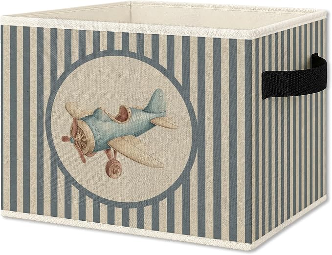 Vintage Airplane Foldable Storage Bins Box with Handles, Kids Room Decor for Boys, Neutral Blue Striped Plane Collapsible Organizer Basket for Kids Nursery Room Bedroom Playroom Toys Books