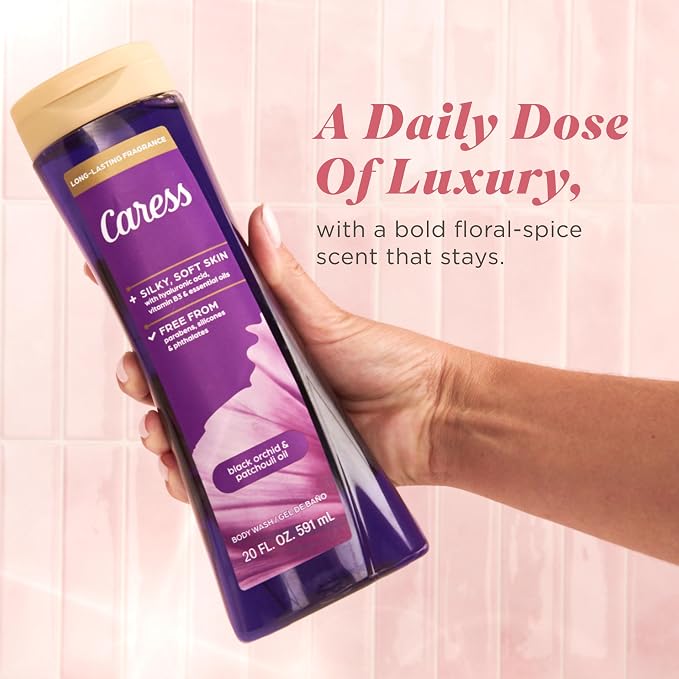 Caress Black Orchid & Patchouli Oil Body Wash, 20 fl oz (4 Pack) | Hyaluronic Acid & Vitamin B3, Moisturized, Silky Soft Skin, Long-Lasting Exotic Fragrance