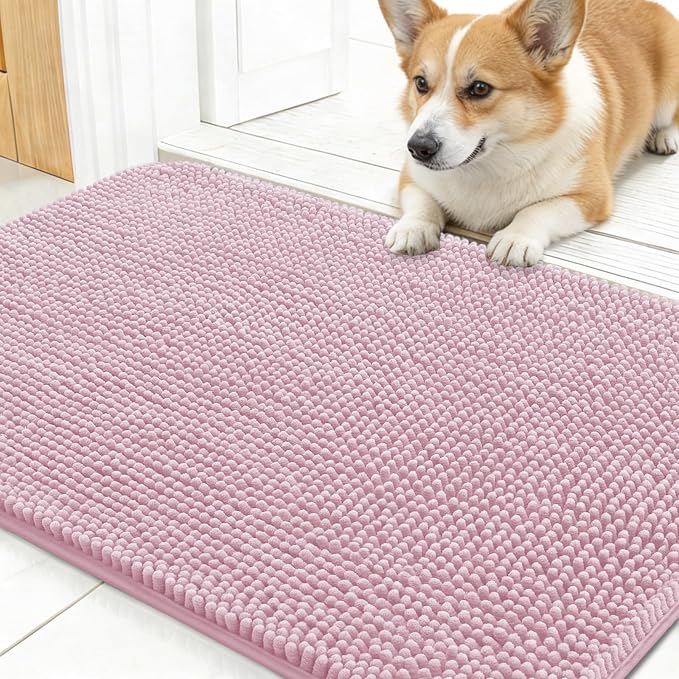 OLANLY Dog Door Mat for Muddy Paws 24x16, Absorbs Moisture and Dirt, Absorbent Non-Slip Washable Doormat, Quick Dry Chenille Mud Mat for Dogs, Entry Indoor Entryway Carpet for Inside Floor, Dusty Rose