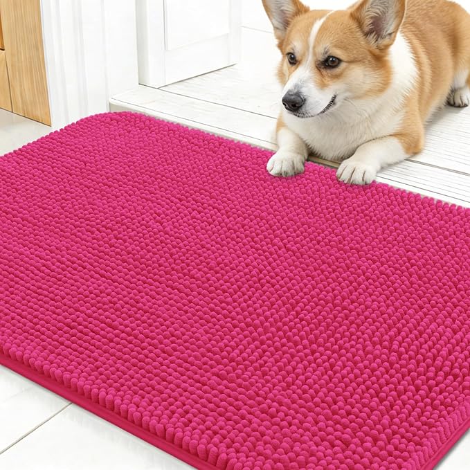 OLANLY Dog Door Mat for Muddy Paws 30x17, Absorbs Moisture and Dirt, Absorbent Non-Slip Washable Doormat, Quick Dry Chenille Mud Mat for Dogs, Entry Indoor Entryway Carpet for Inside Floor, Hot Pink