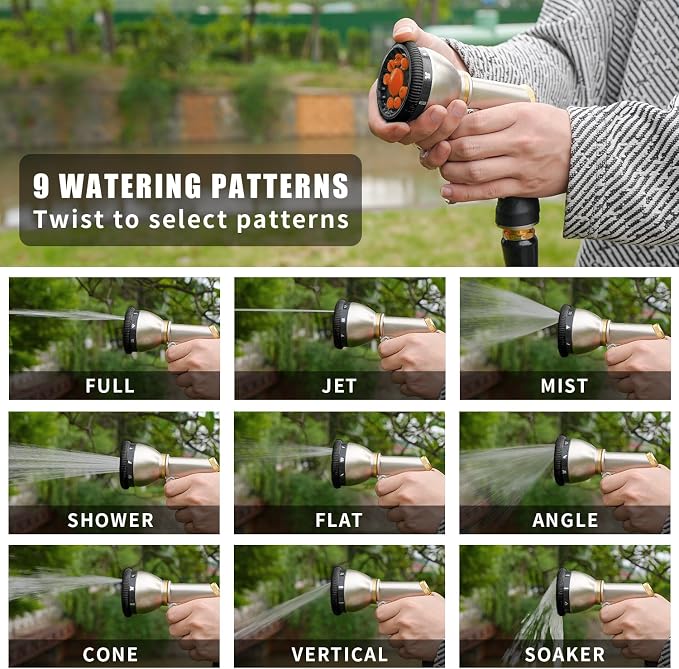 Besiter Garden Nozzle Sprayer, High Pressure Metal Water Hose Sprayer with 9 Watering Patterns, Heavy Duty Sprayer for Washing Cars, Watering Plants, Cleaning Yard & Showering Pets (Orange)