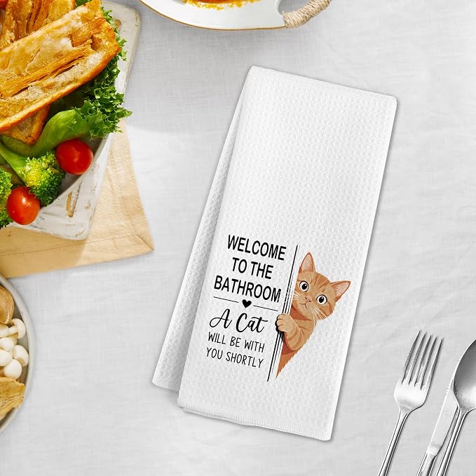 Funny Orange Tabby Cat Hand Towels for Bathroom, A Cat Will Be with You Shortly Hand Towels, Funny Orange Cats Dish Tea Towel for Kitchen Bathroom Decor, Cats Gifts for Kids Girls, 16x24